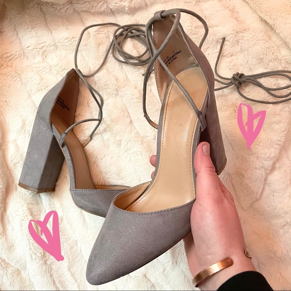Gray Lace-up Block Heels